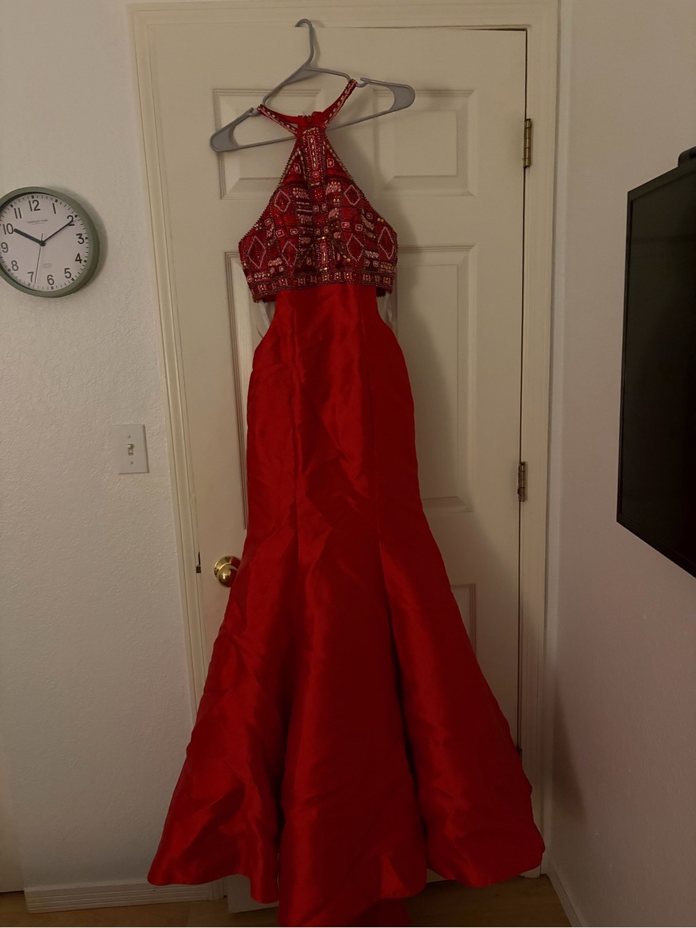 Red Beaded Halter Evening Gown - Women Dresses